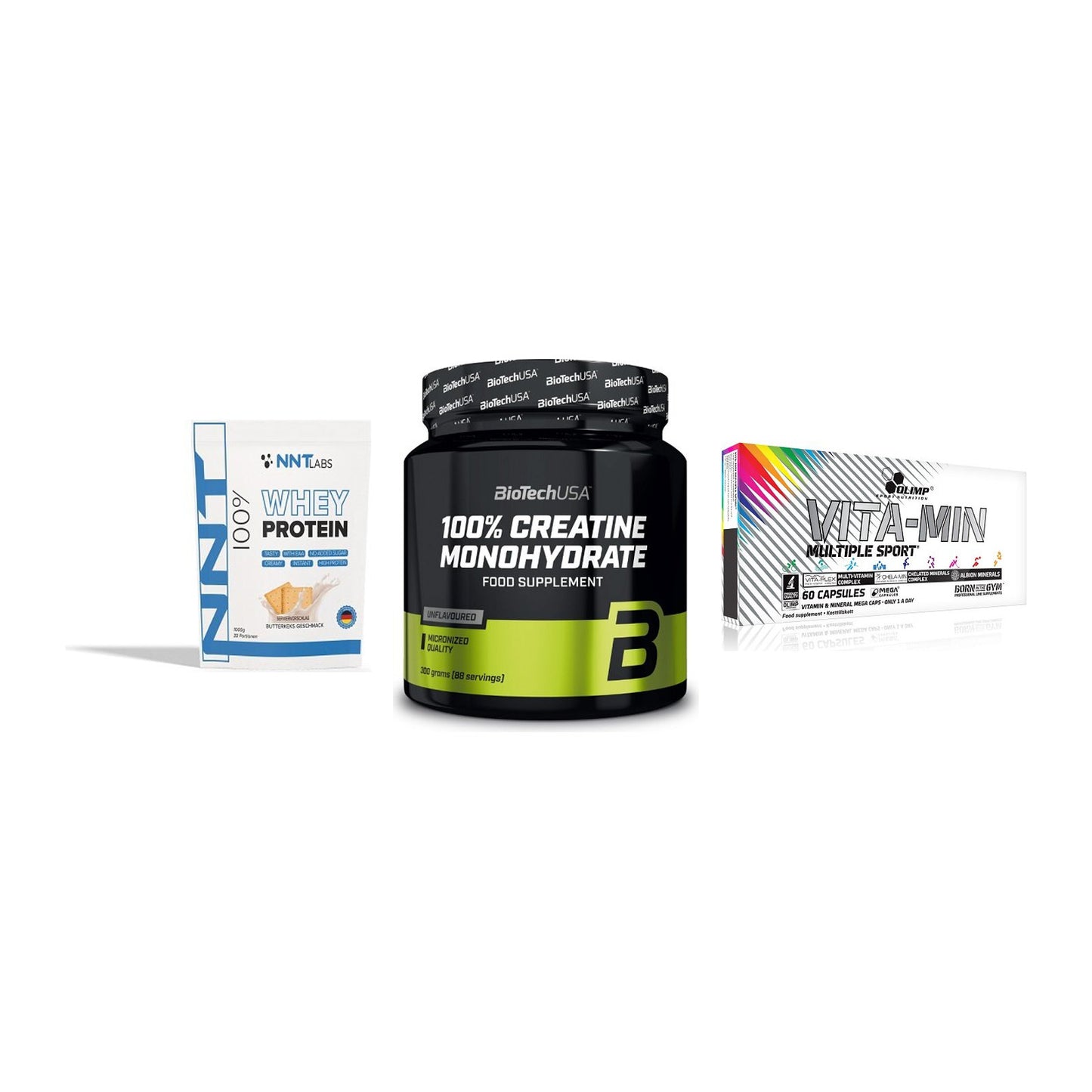 Einsteiger-Set: NNT Whey + BioTech Creatine + Olimp Vita-Min – alle enthaltenen Artikel