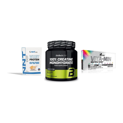 Einsteiger-Set: NNT Whey + BioTech Creatine + Olimp Vita-Min – alle enthaltenen Artikel