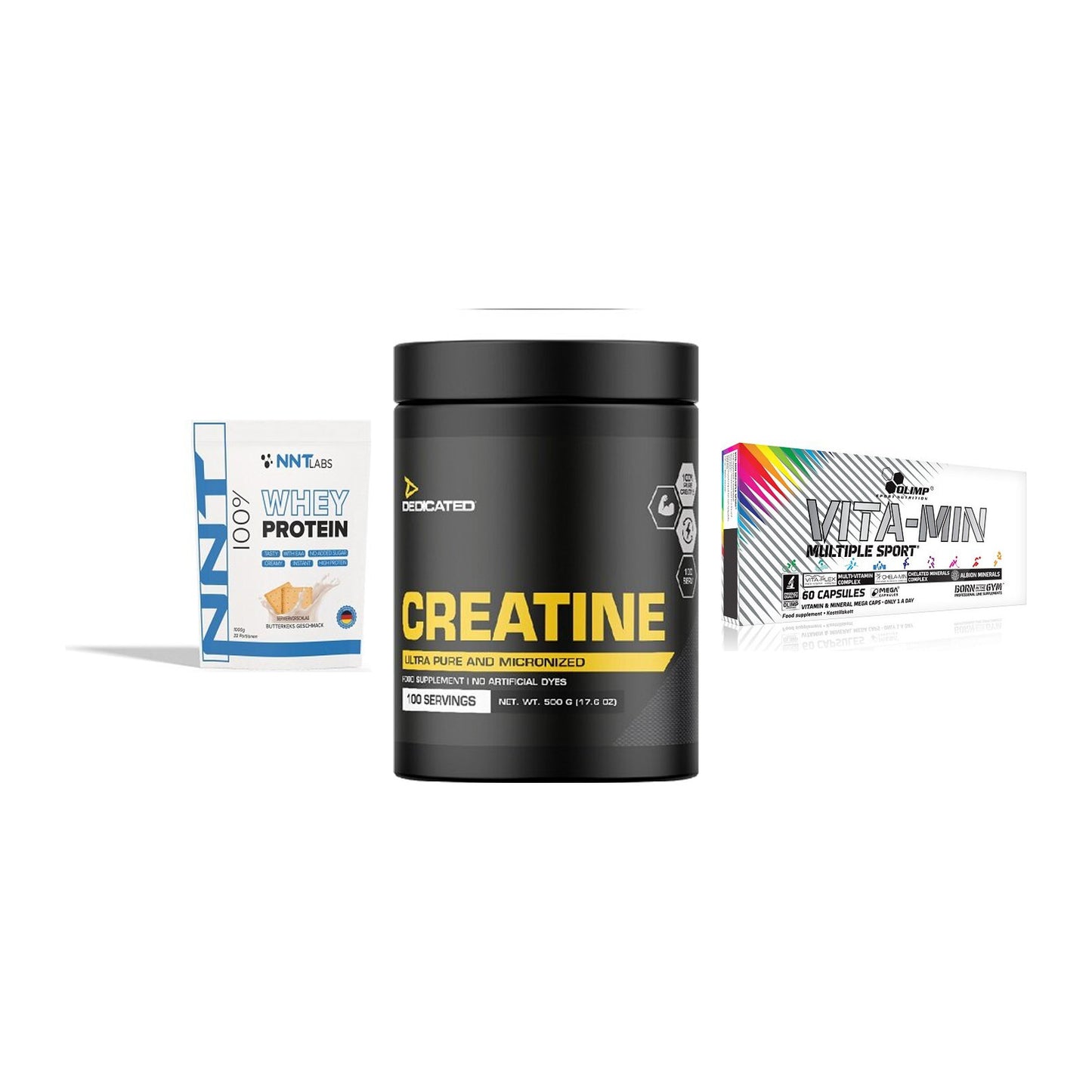Einsteiger-Set: NNT Whey + Dedicated + Olimp Vita-Min – alle enthaltenen Artikel