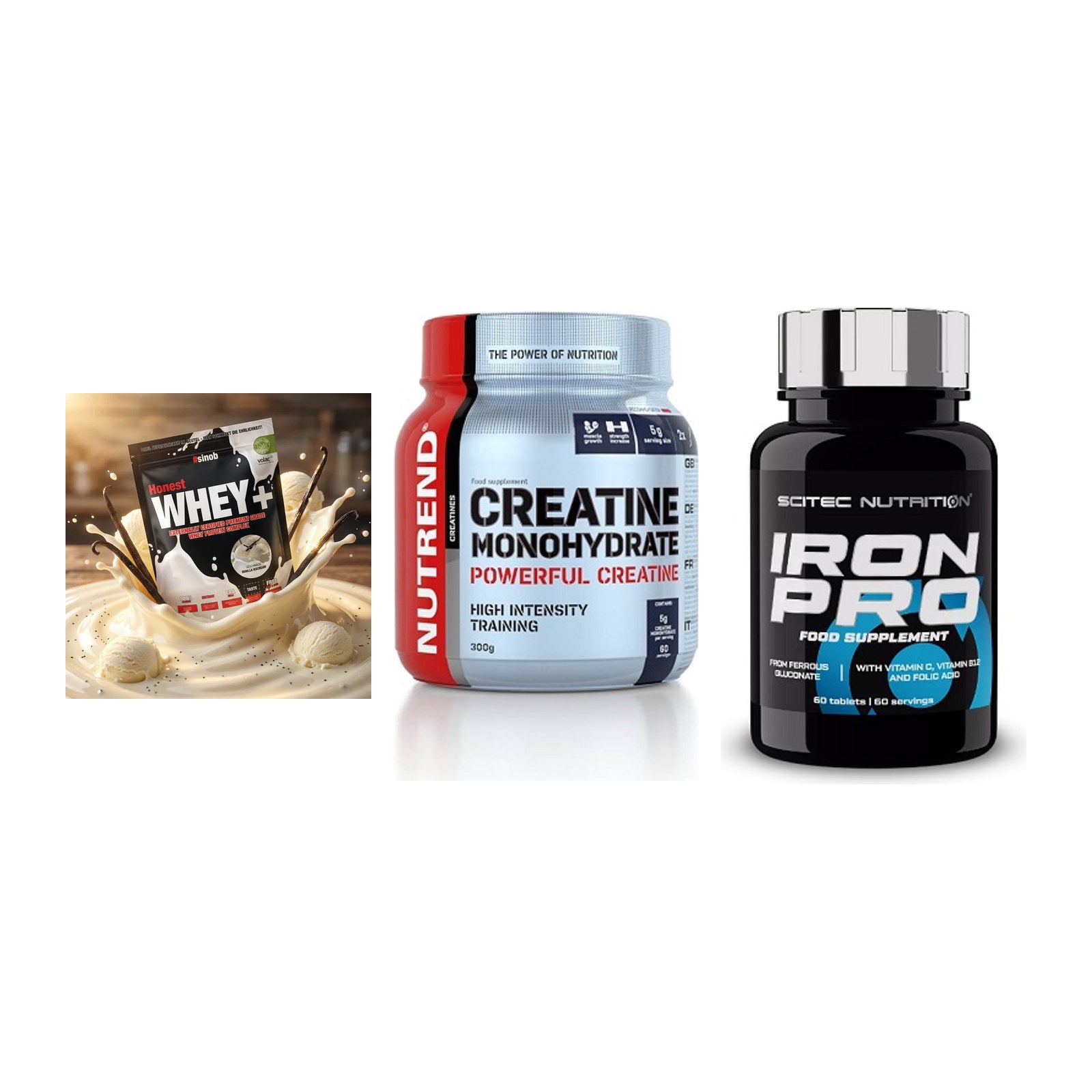 Einsteiger-Set: Sinob Honest + Nutrend Creatine + Scitec Iron Pro – alle enthaltenen Artikel