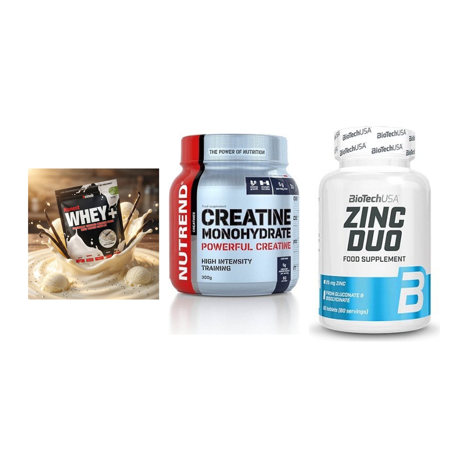 Einsteiger-Set: Sinob Honest + Nutrend Creatine + BioTech Zinc Duo – alle enthaltenen Artikel