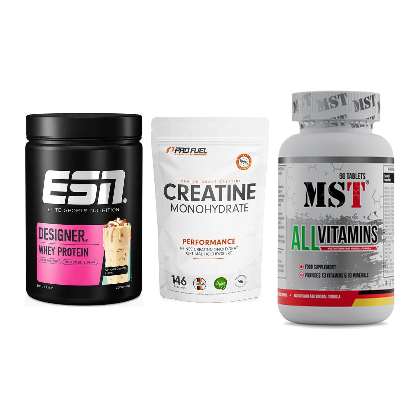 Einsteiger-Set: ESN Designer + ProFuel Creatine + MST All Vitamins – alle enthaltenen Artikel