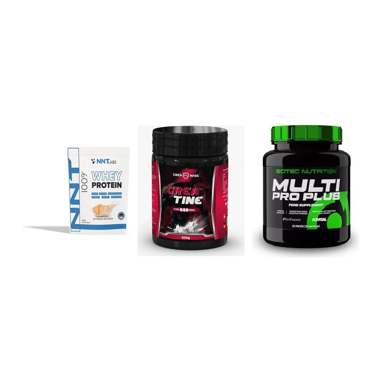 Einsteiger-Set: NNT Whey + CREASWISS + Scitec Multi Pro – alle enthaltenen Artikel