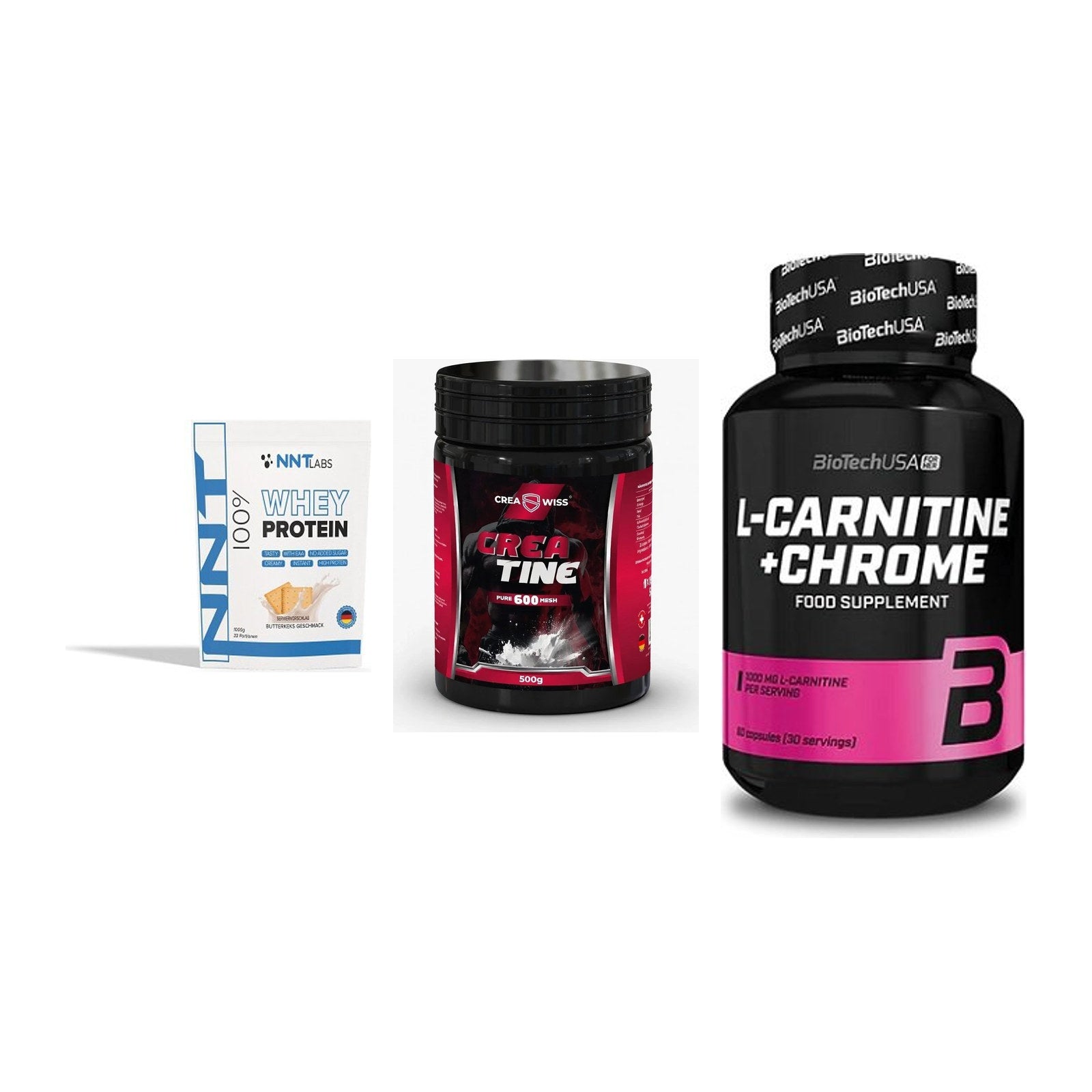 Einsteiger-Set: NNT Whey + CREASWISS + BioTech L-Carnit – alle enthaltenen Artikel