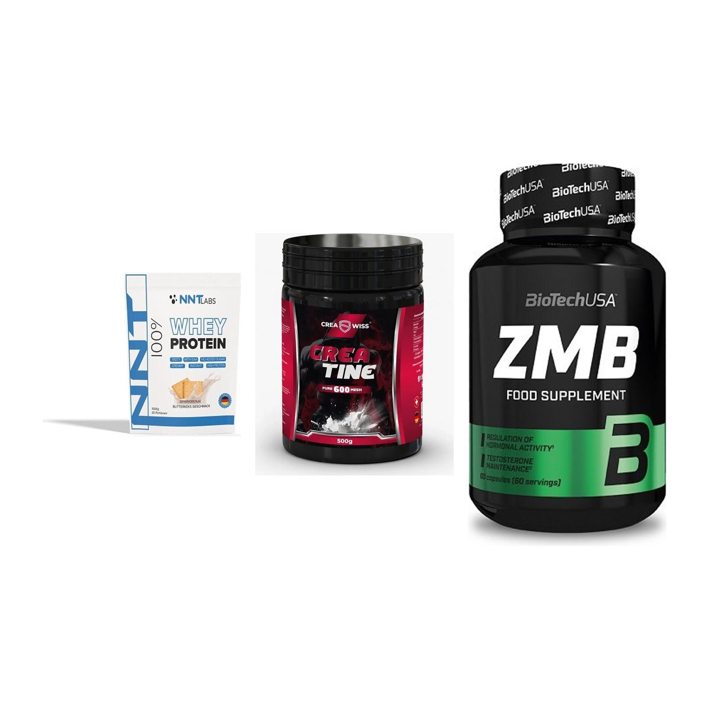 Einsteiger-Set: NNT Whey + CREASWISS Creatine 600 Mesh + BioTech ZMB – alle enthaltenen Artikel