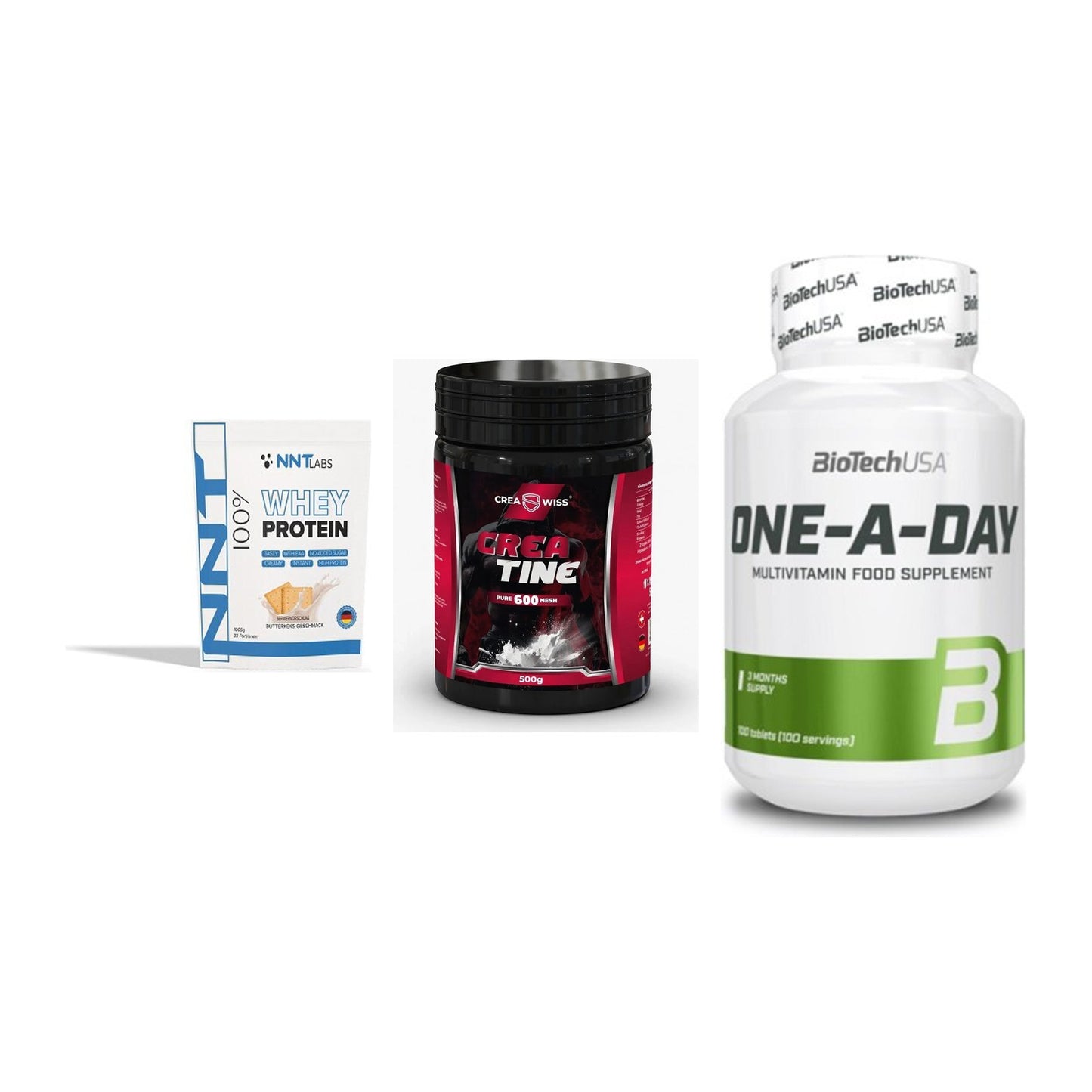 Einsteiger-Set: NNT Whey + CREASWISS + BioTech One A – alle enthaltenen Artikel