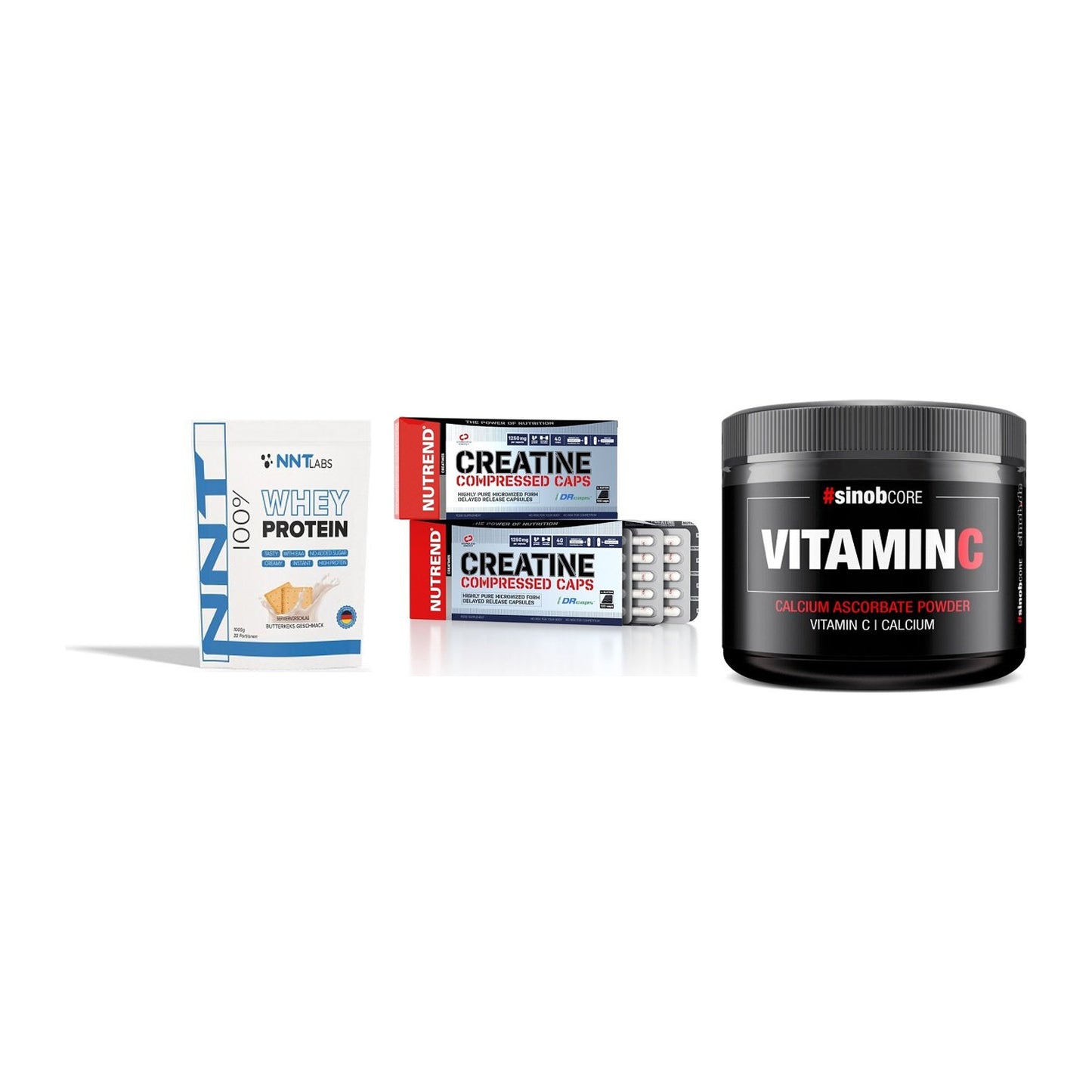 Einsteiger-Set: NNT Whey + Nutrend Creatine + Sinob Vitamin C – alle enthaltenen Artikel