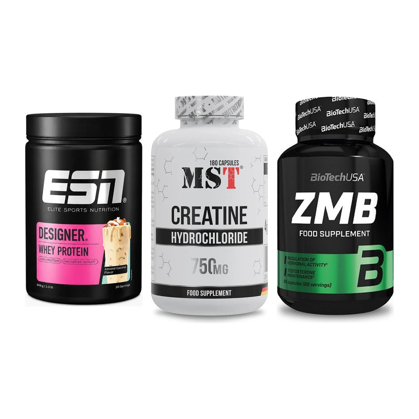 Einsteiger-Set: ESN Designer Whey + MST Creatine HCL + BioTech ZMB – alle enthaltenen Artikel