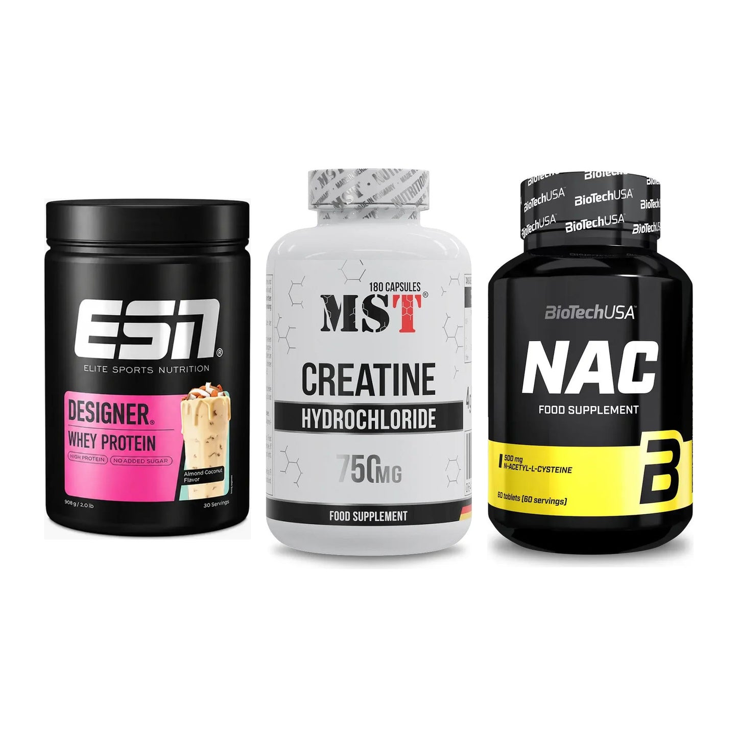 Einsteiger-Set: ESN Designer Whey + MST Creatine HCL + BioTech NAC – alle enthaltenen Artikel