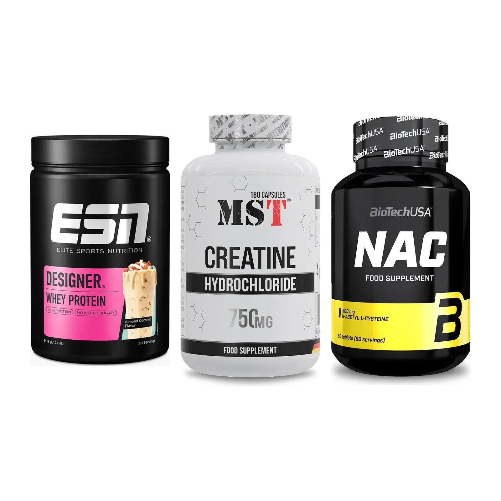 Einsteiger-Set: ESN Designer Whey + MST Creatine HCL + BioTech NAC – alle enthaltenen Artikel