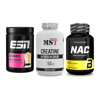 Einsteiger-Set: ESN Designer Whey + MST Creatine HCL + BioTech NAC – alle enthaltenen Artikel