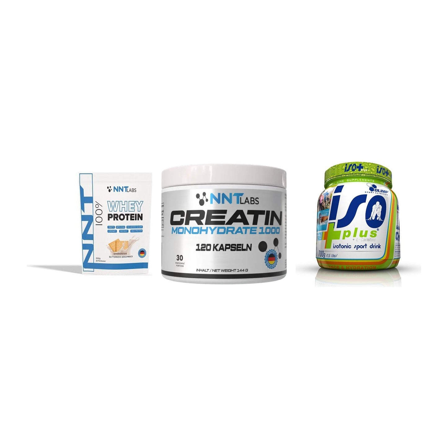 Einsteiger-Set: NNT Whey + NNT Creatin 1000 mg + Olimp Iso Plus – alle enthaltenen Artikel