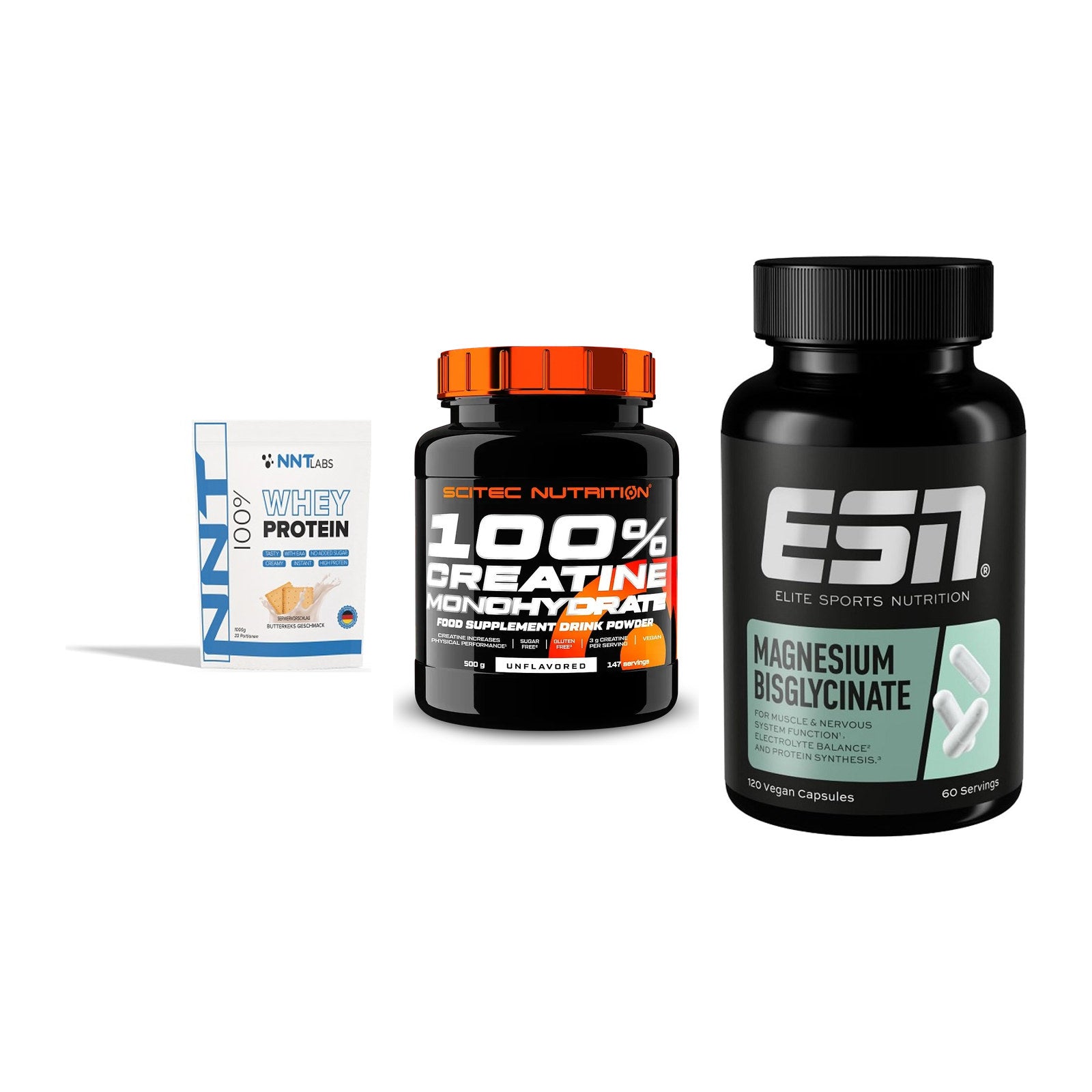 Einsteiger-Set: NNT Whey + Scitec Creatine + ESN Magnesium – alle enthaltenen Artikel