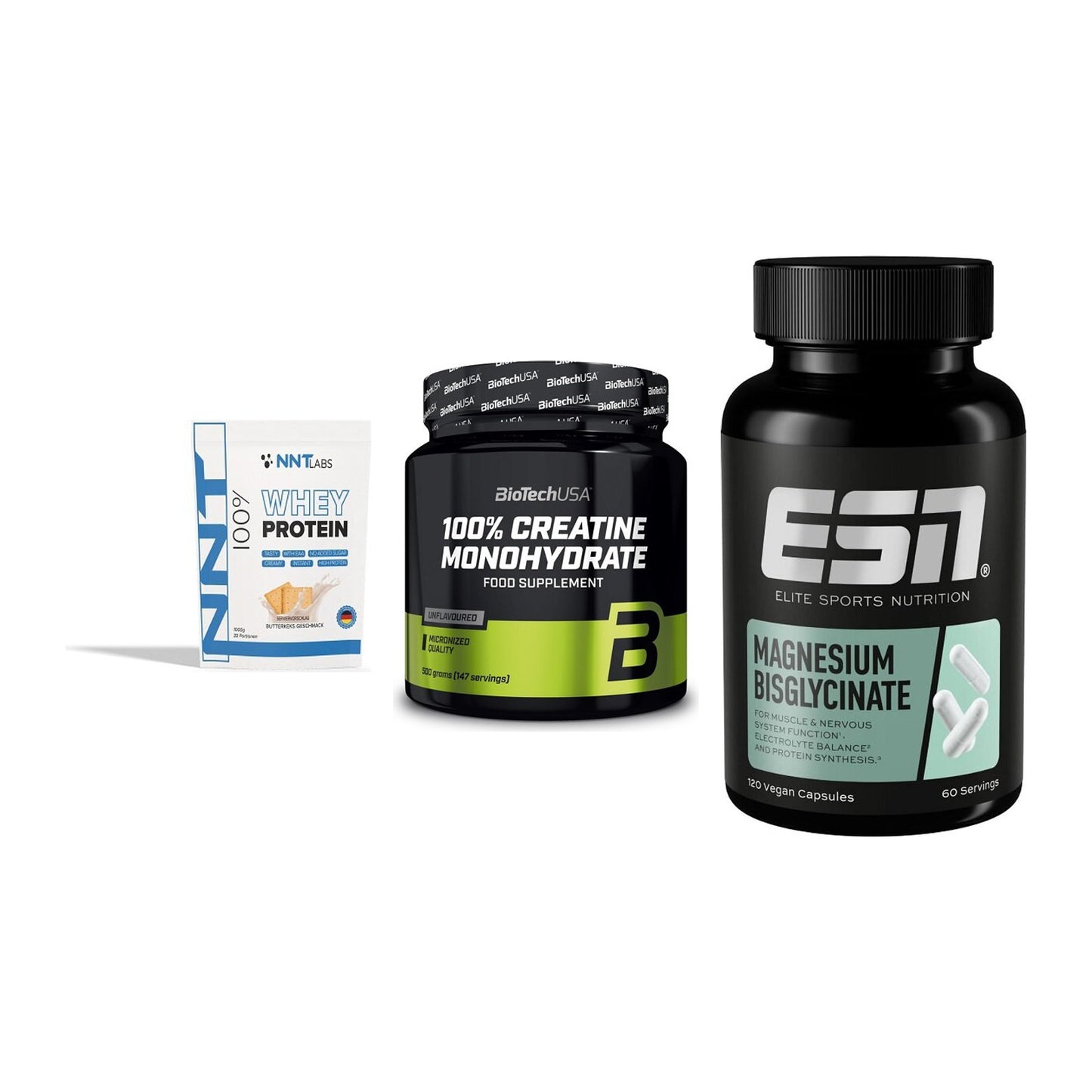 Einsteiger-Set: NNT Whey + BioTech Creatine + ESN Magnesium – alle enthaltenen Artikel