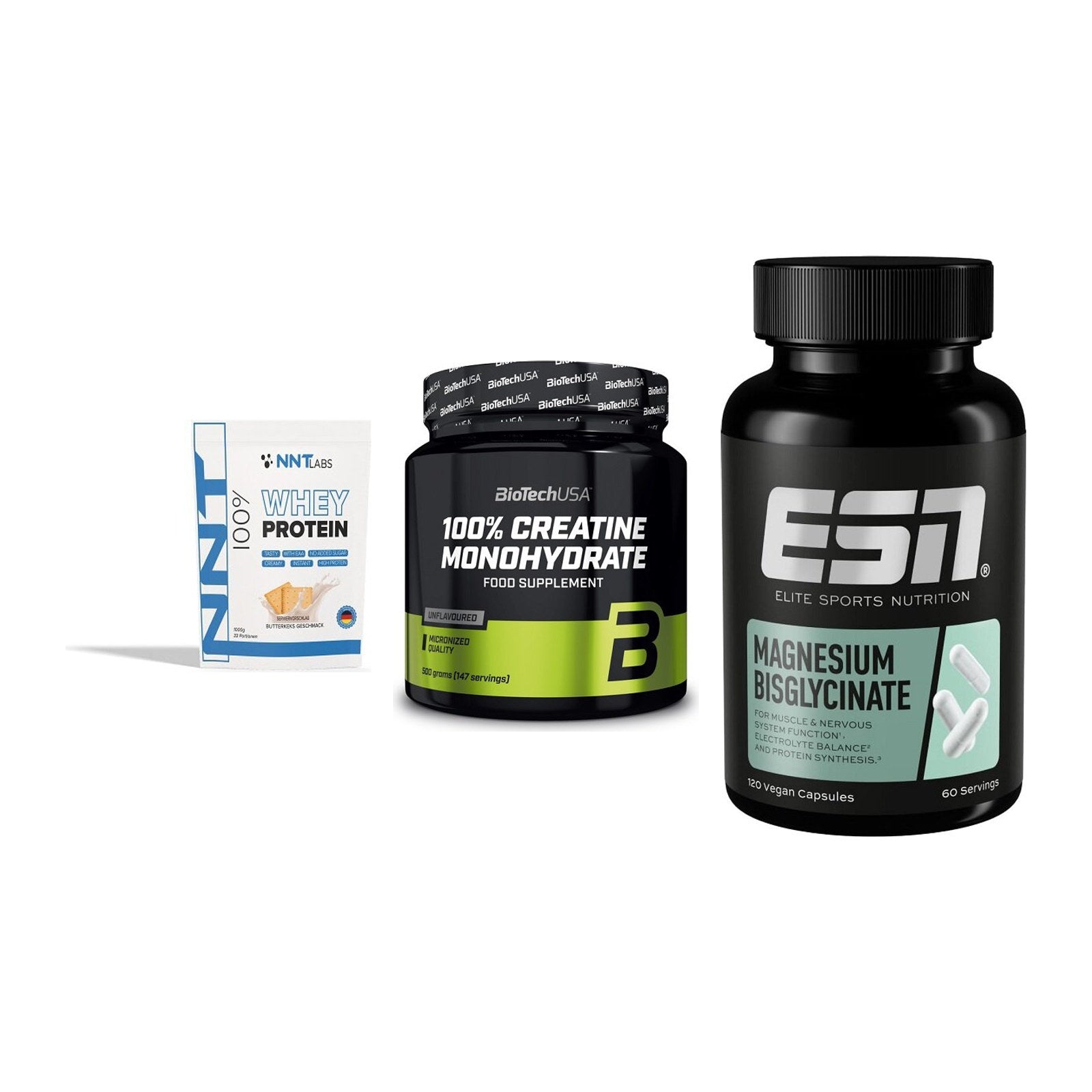 Einsteiger-Set: NNT Whey + BioTech Creatine + ESN Magnesium – alle enthaltenen Artikel