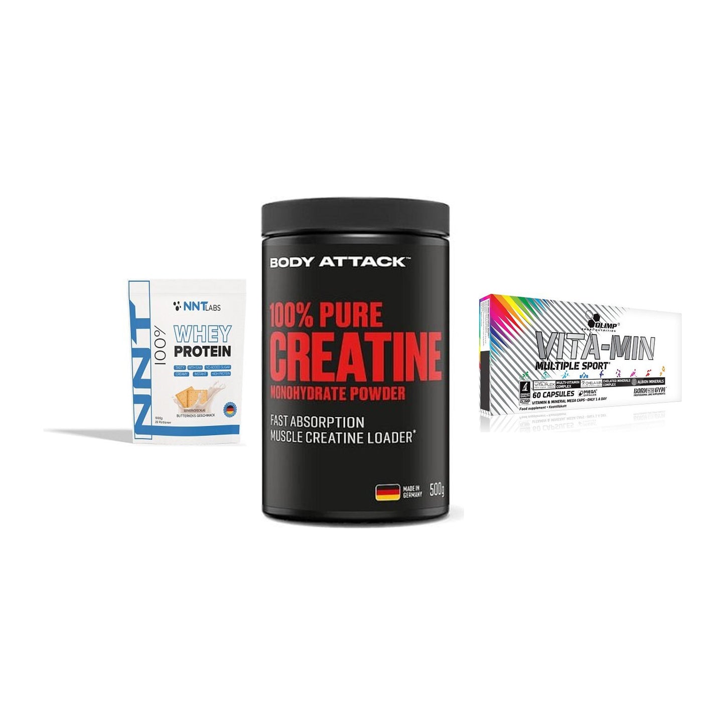 Einsteiger-Set: NNT Whey + Body Attack 100% + Olimp Vita-Min – alle enthaltenen Artikel