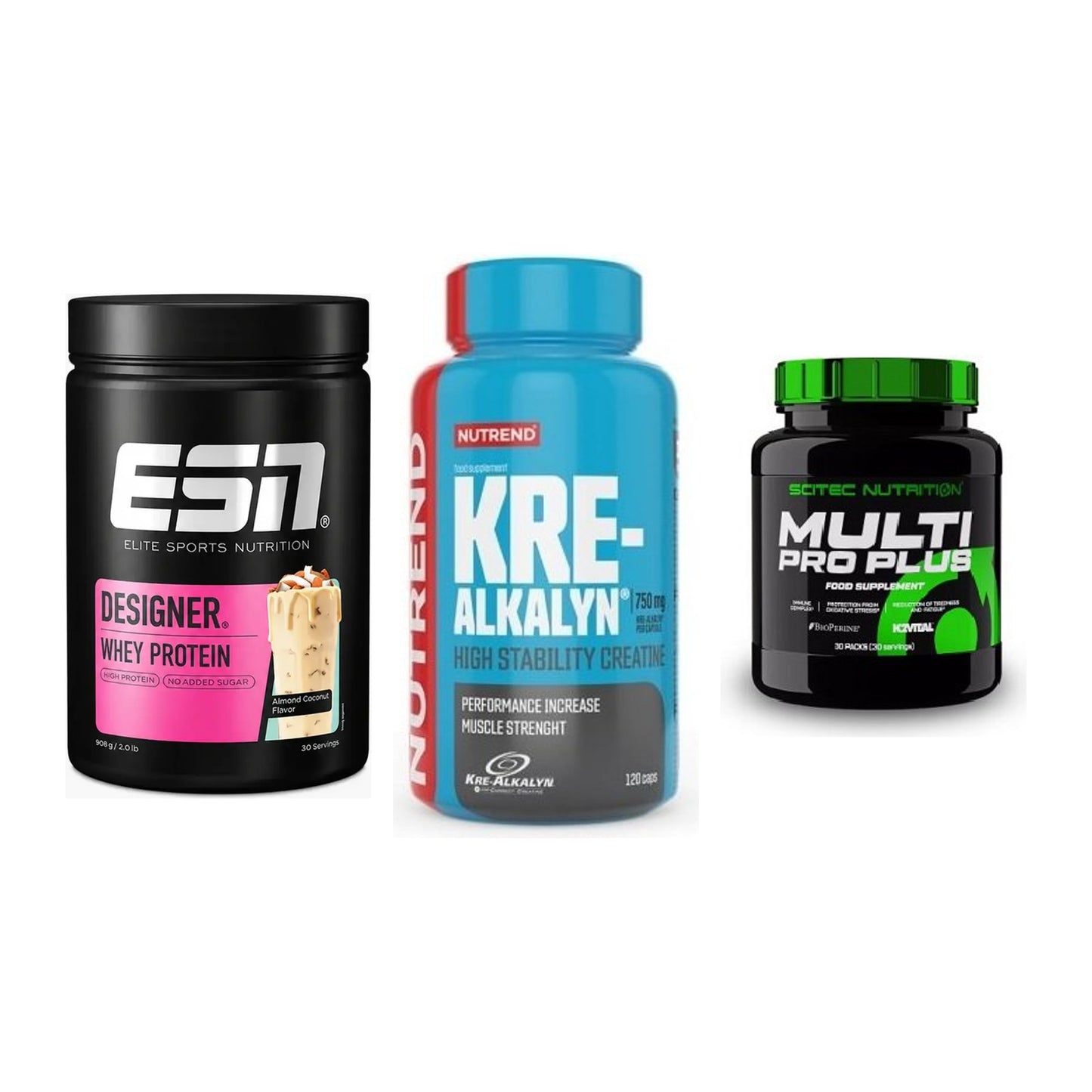 Einsteiger-Set: ESN Designer + Nutrend Kre-Alka + Scitec Multi Pro – alle enthaltenen Artikel