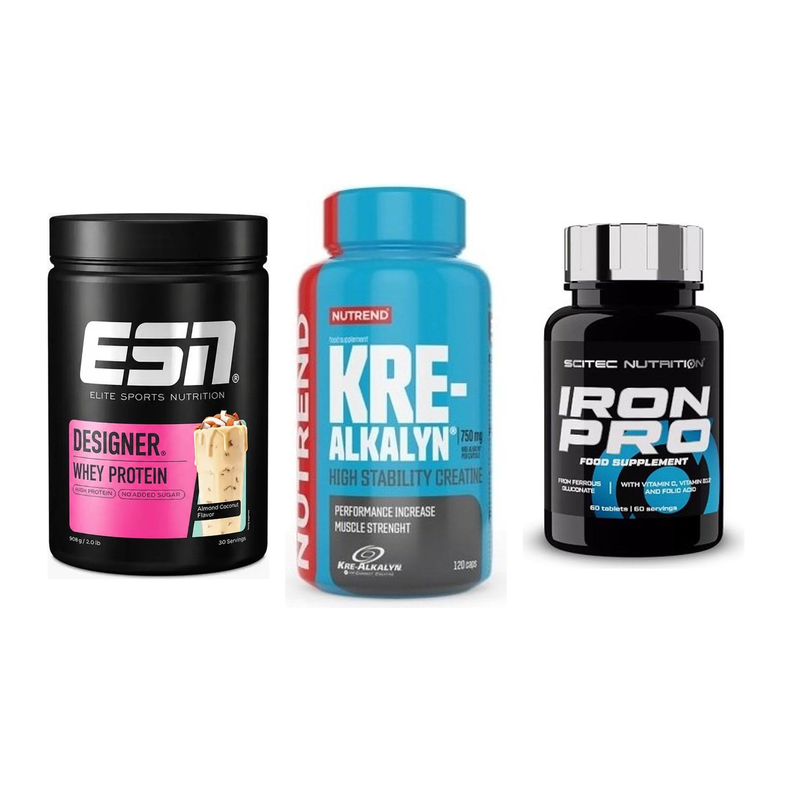 Einsteiger-Set: ESN Designer + Nutrend Kre-Alka + Scitec Iron Pro – alle enthaltenen Artikel