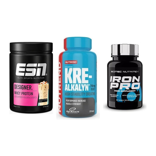 Einsteiger-Set: ESN Designer + Nutrend Kre-Alka + Scitec Iron Pro – alle enthaltenen Artikel