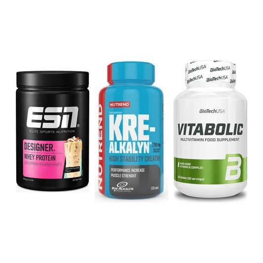 Einsteiger-Set: ESN Designer + Nutrend Kre-Alka + BioTech Vitaboli – alle enthaltenen Artikel