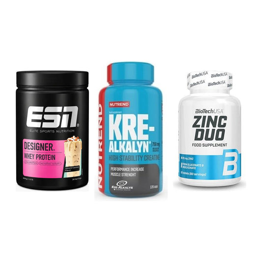 Einsteiger-Set: ESN Designer + Nutrend Kre-Alka + BioTech Zinc Duo – alle enthaltenen Artikel
