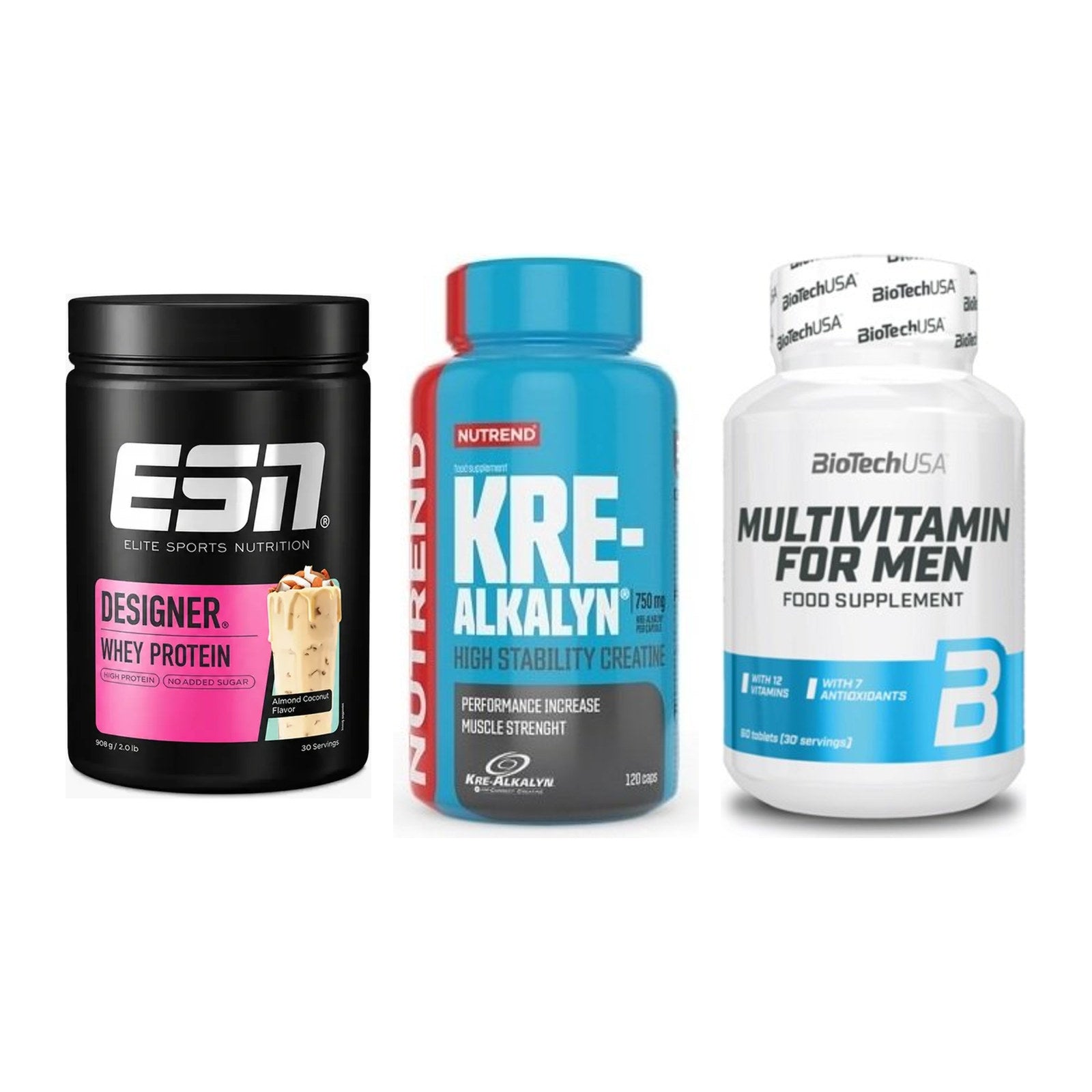 Einsteiger-Set: ESN Designer + Nutrend Kre-Alka + BioTech Multivit – alle enthaltenen Artikel