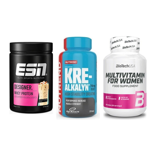 Einsteiger-Set: ESN Designer + Nutrend Kre-Alka + BioTech Multivit – alle enthaltenen Artikel