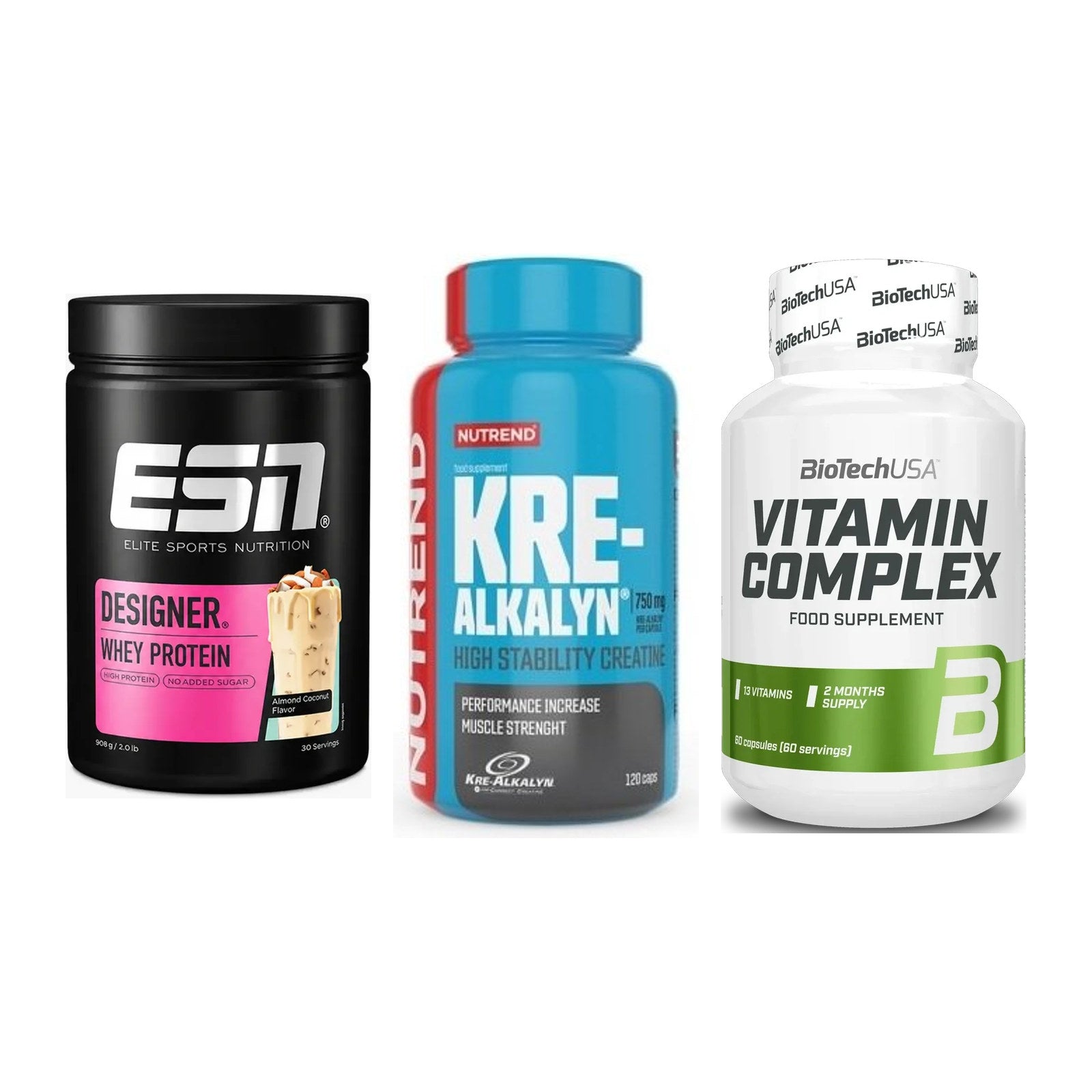 Einsteiger-Set: ESN Designer + Nutrend Kre-Alka + BioTech Vitamin – alle enthaltenen Artikel