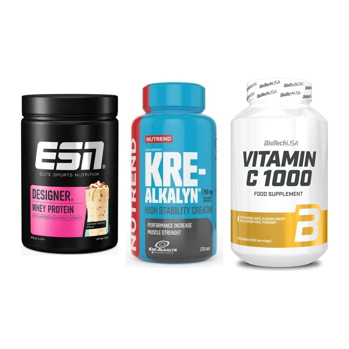 Einsteiger-Set: ESN Designer + Nutrend Kre-Alka + BioTech Vitamin – alle enthaltenen Artikel