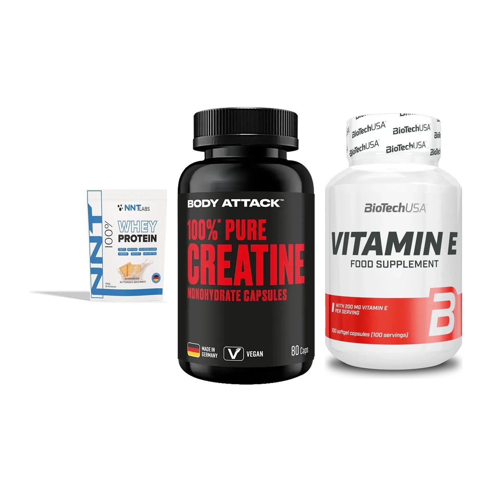 Einsteiger-Set: NNT Whey + Body Attack 100% + BioTech Vitamin – alle enthaltenen Artikel