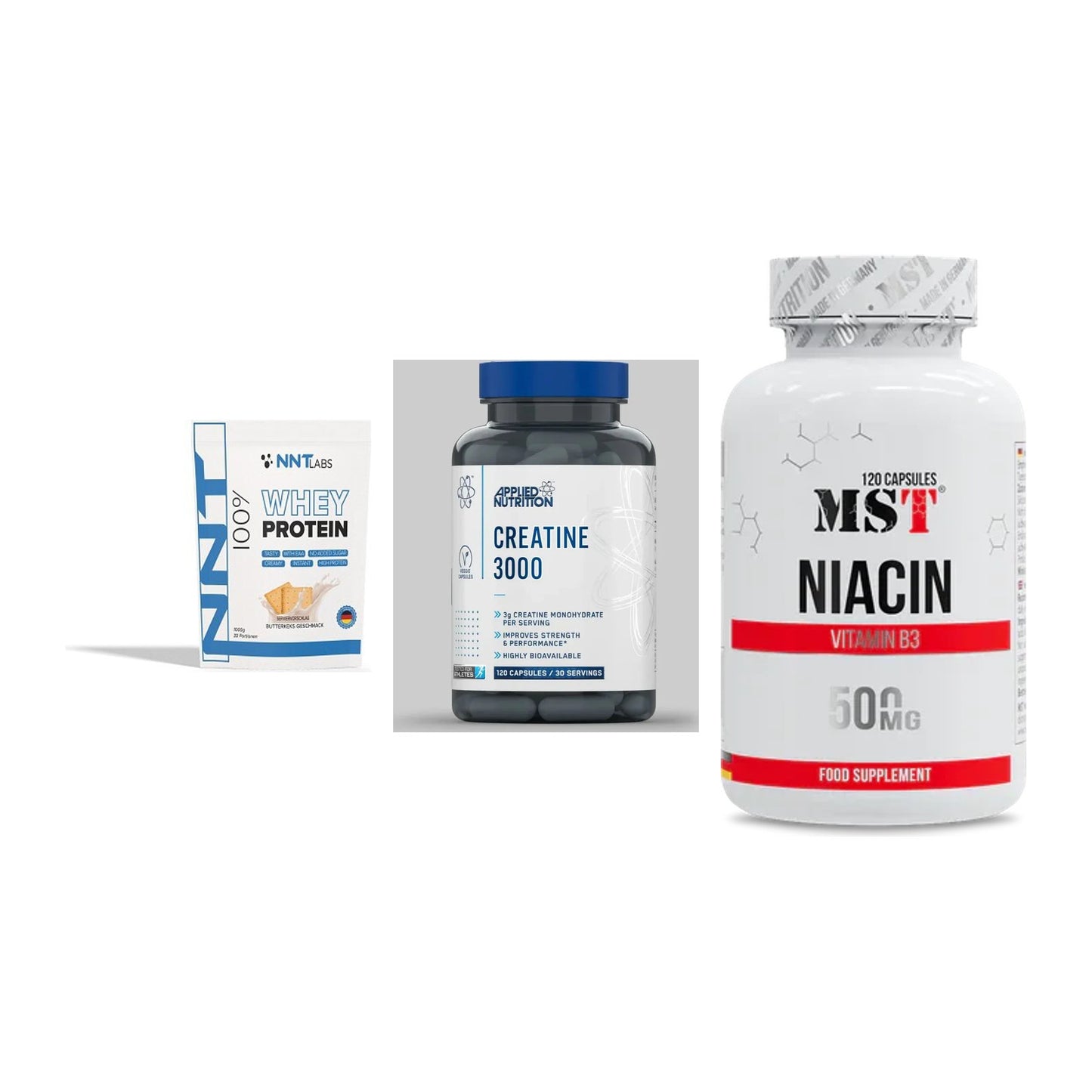 Einsteiger-Set: NNT Whey + Applied Nutritio + MST Niacin – alle enthaltenen Artikel