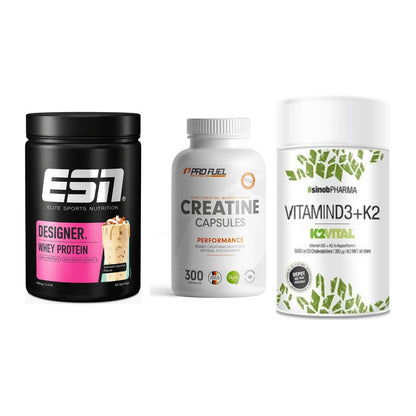 Einsteiger-Set: ESN Designer + ProFuel Creatine + Sinob Vitamin D3 – alle enthaltenen Artikel