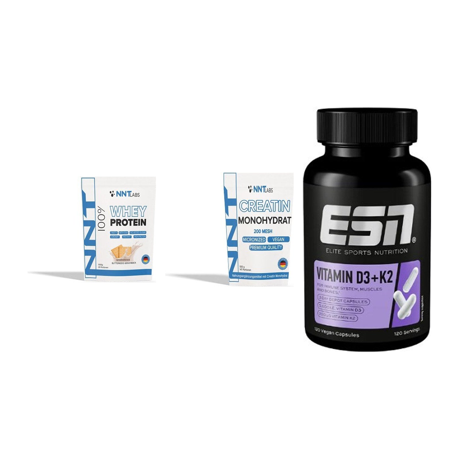 Einsteiger-Set: NNT Whey + NNT Creatin + ESN Vitamin D3 – alle enthaltenen Artikel