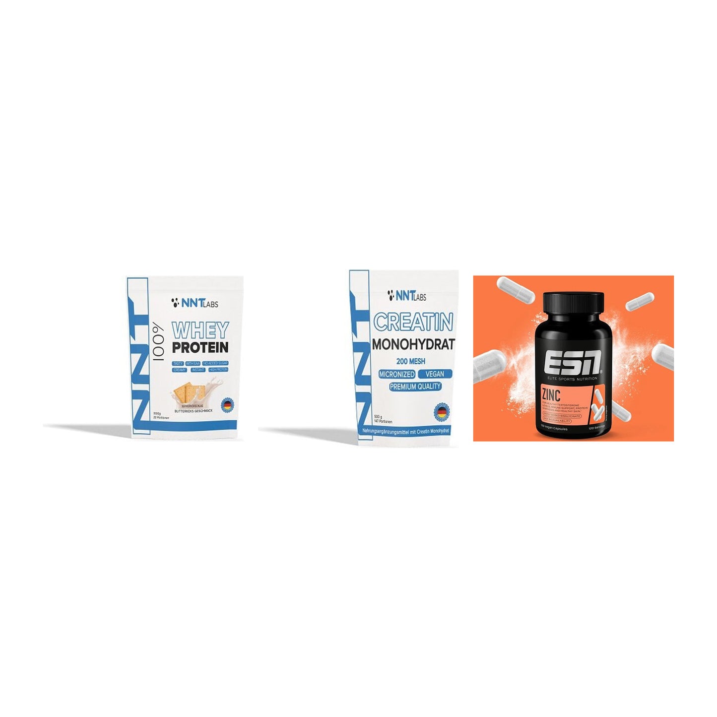 Einsteiger-Set: NNT Whey + NNT Creatin Monohydrat + ESN Zinc – alle enthaltenen Artikel