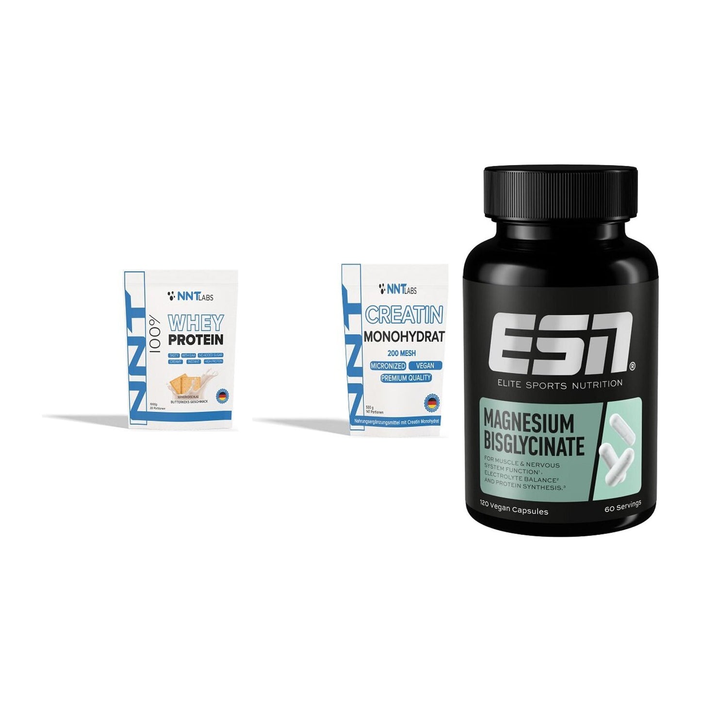 Einsteiger-Set: NNT Whey + NNT Creatin + ESN Magnesium – alle enthaltenen Artikel