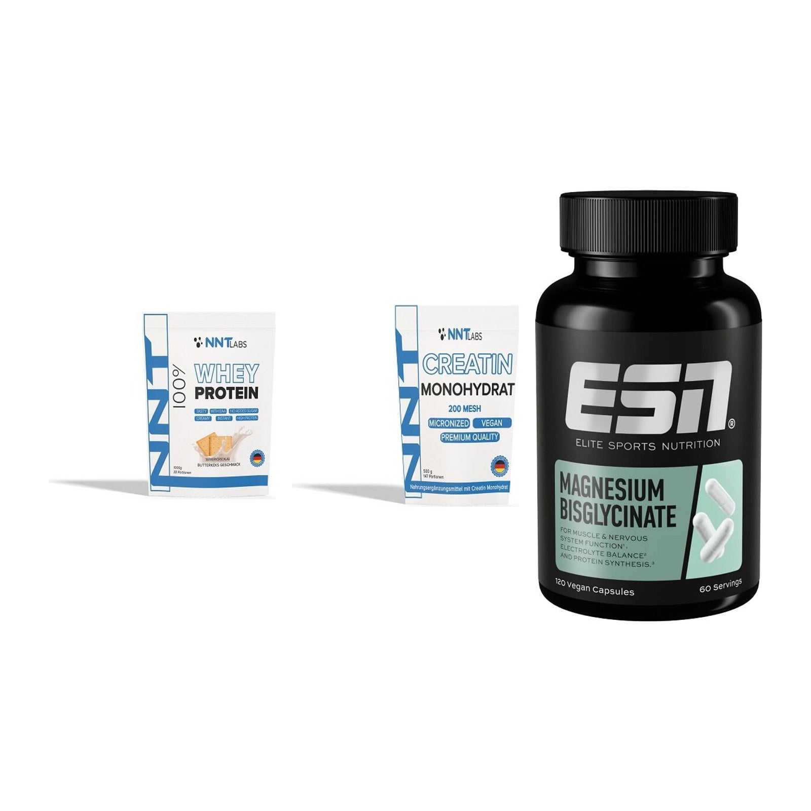 Einsteiger-Set: NNT Whey + NNT Creatin + ESN Magnesium – alle enthaltenen Artikel