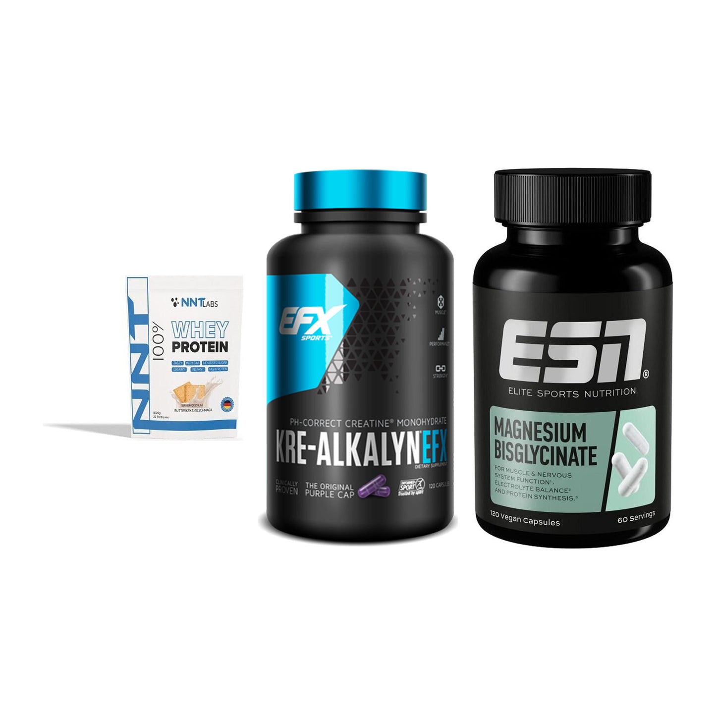 Einsteiger-Set: NNT Whey + EFX Kre-Alkalyn + ESN Magnesium Bisglycinat – alle enthaltenen Artikel
