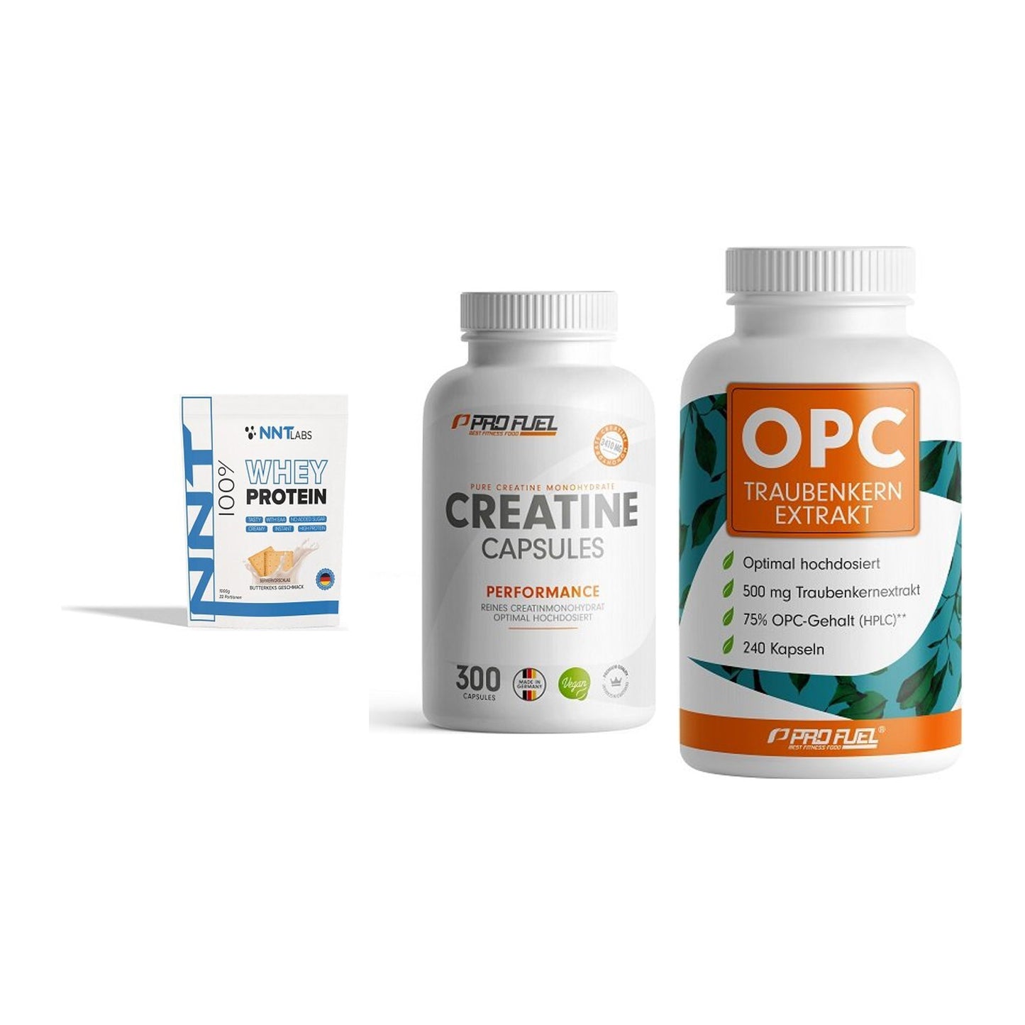 Einsteiger-Set: NNT Whey + ProFuel Creatine + ProFuel OPC – alle enthaltenen Artikel