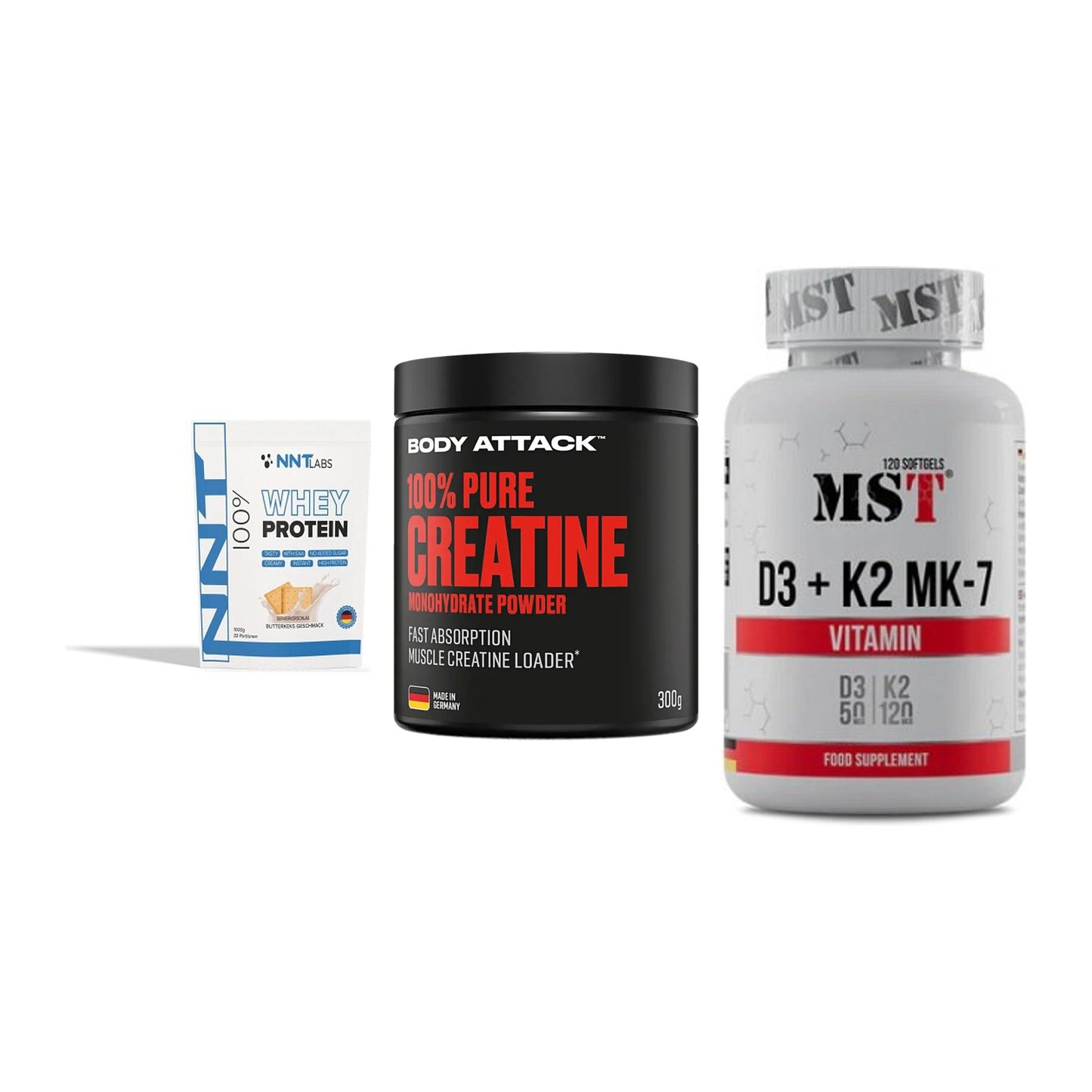 Einsteiger-Set: NNT Whey + Body Attack 100% + MST Vitamin D3 – alle enthaltenen Artikel
