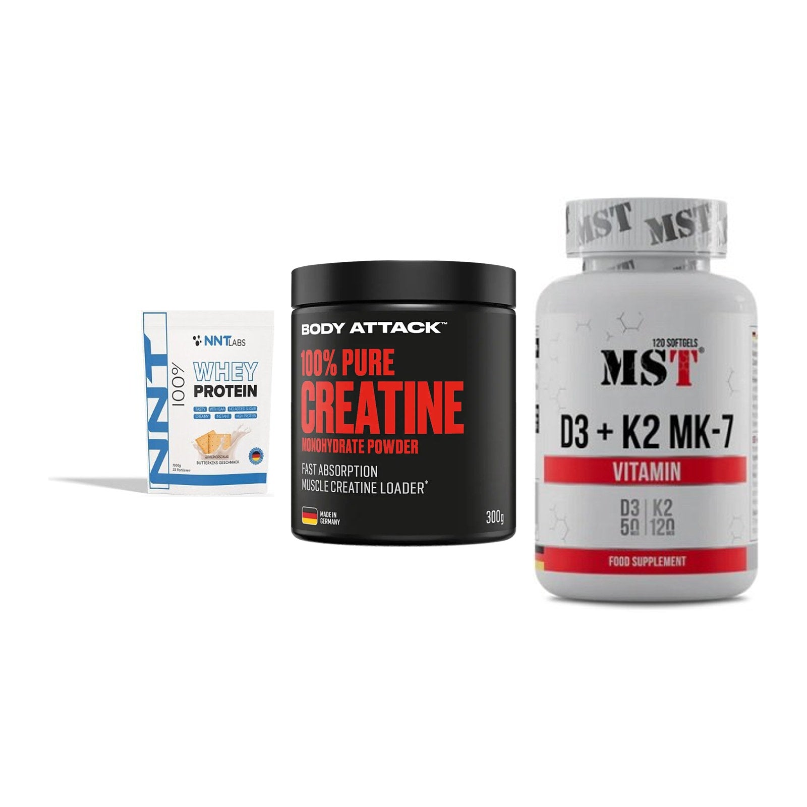 Einsteiger-Set: NNT Whey + Body Attack 100% + MST Vitamin D3 – alle enthaltenen Artikel