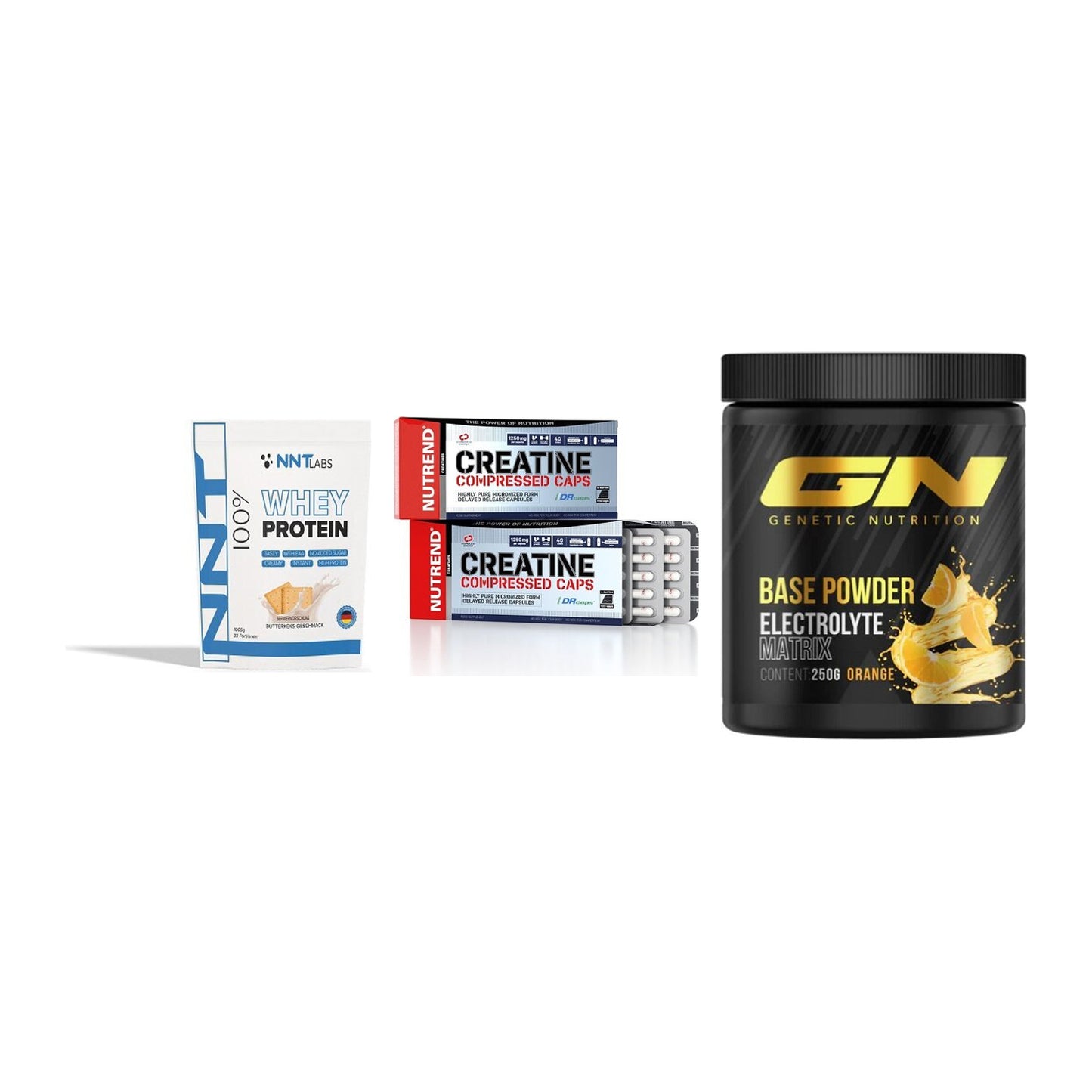Einsteiger-Set: NNT Whey + Nutrend Creatine + GN Base Powder – alle enthaltenen Artikel