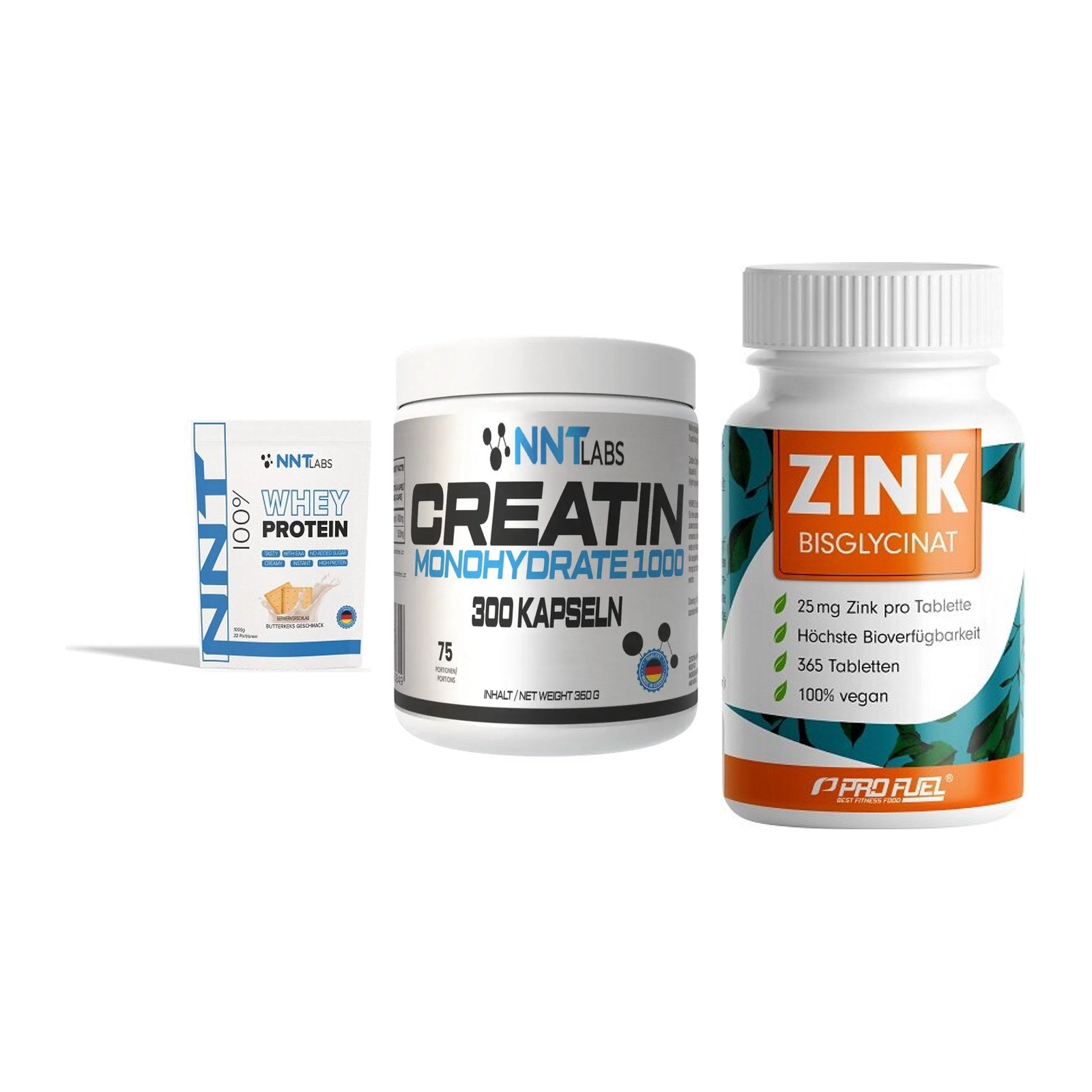 Einsteiger-Set: NNT Whey + NNT Creatin 1000 + ProFuel Zink – alle enthaltenen Artikel