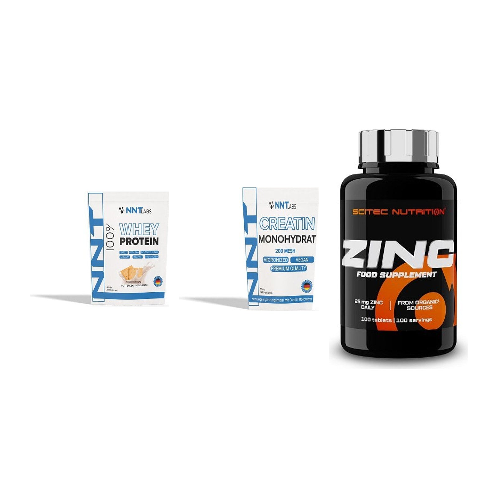 Einsteiger-Set: NNT Whey + NNT Creatin Monohydrat + Scitec Zinc – alle enthaltenen Artikel