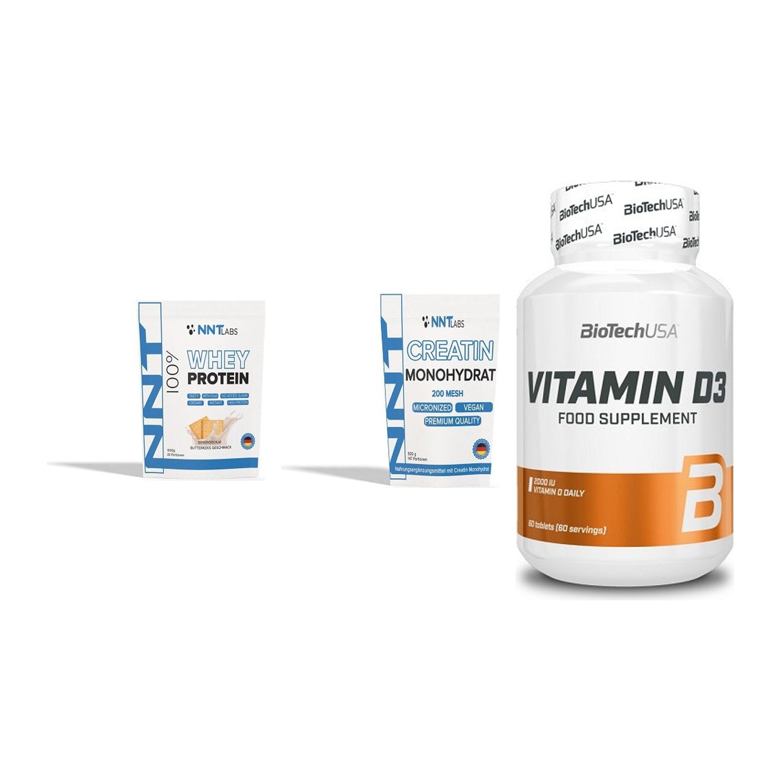 Einsteiger-Set: NNT Whey + NNT Creatin Monohydrat + BioTech Vitamin D3 – alle enthaltenen Artikel