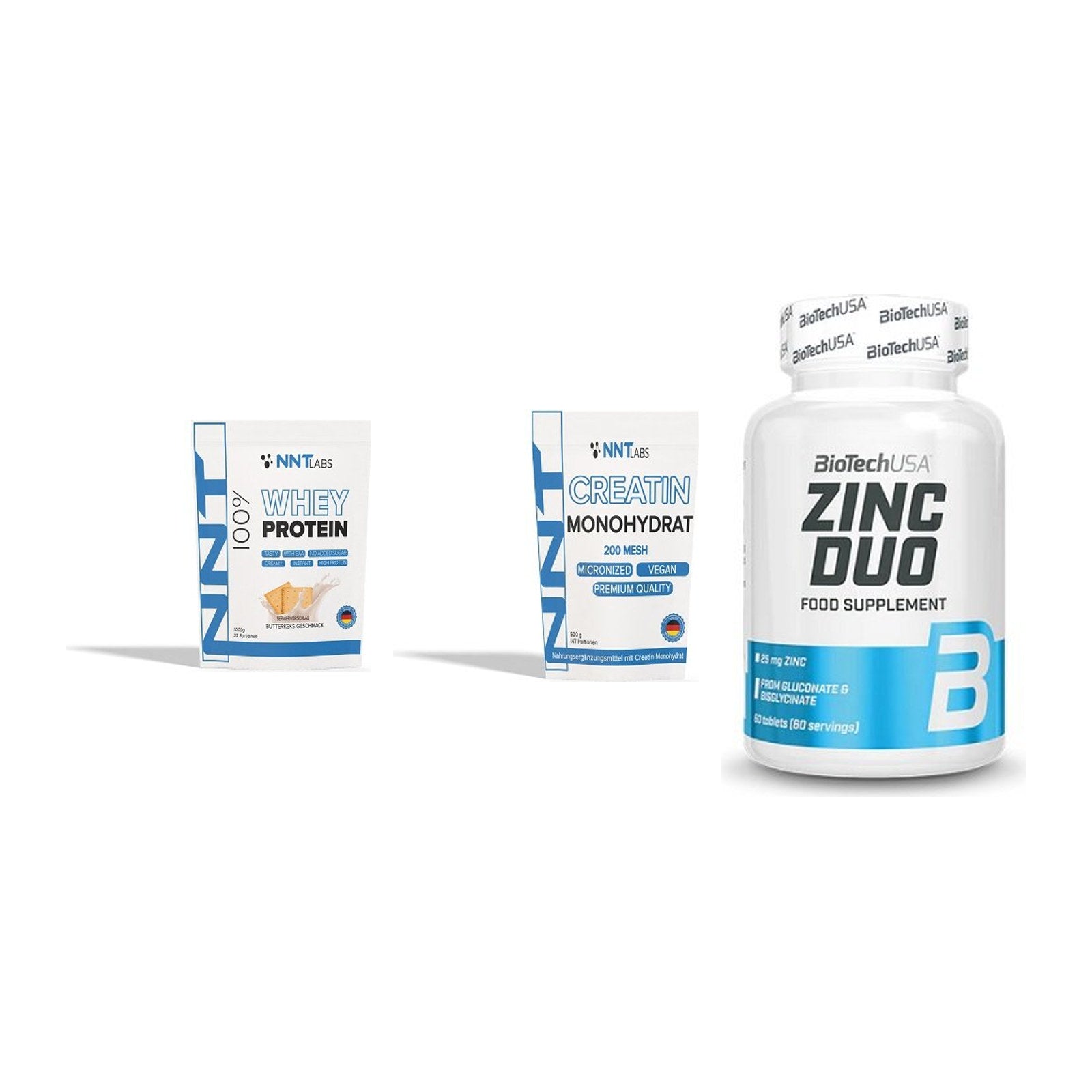 Einsteiger-Set: NNT Whey + NNT Creatin Monohydrat + BioTech Zinc Duo – alle enthaltenen Artikel