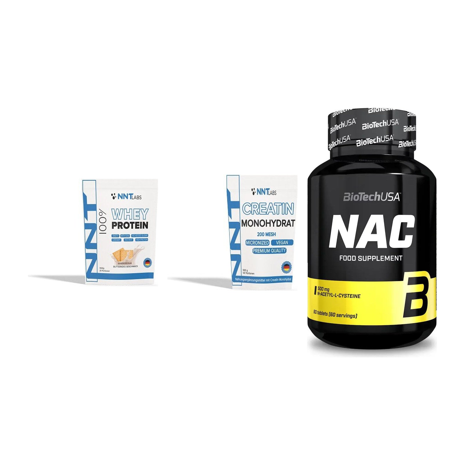 Einsteiger-Set: NNT Whey + NNT Creatin Monohydrat + BioTech NAC – alle enthaltenen Artikel