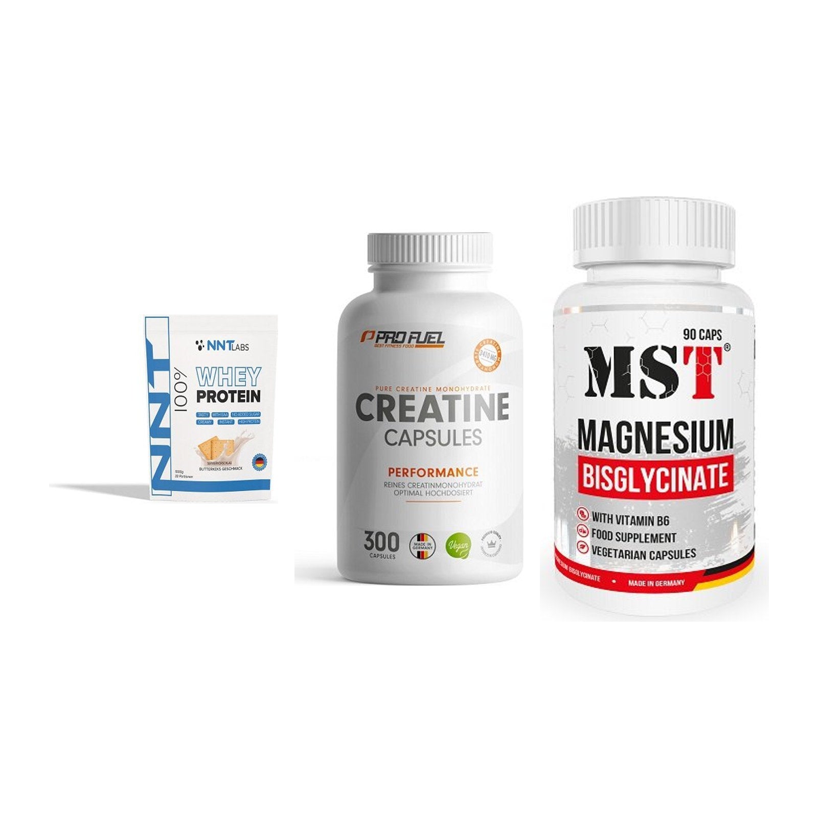 Einsteiger-Set: NNT Whey + ProFuel Creatine + MST Magnesium – alle enthaltenen Artikel