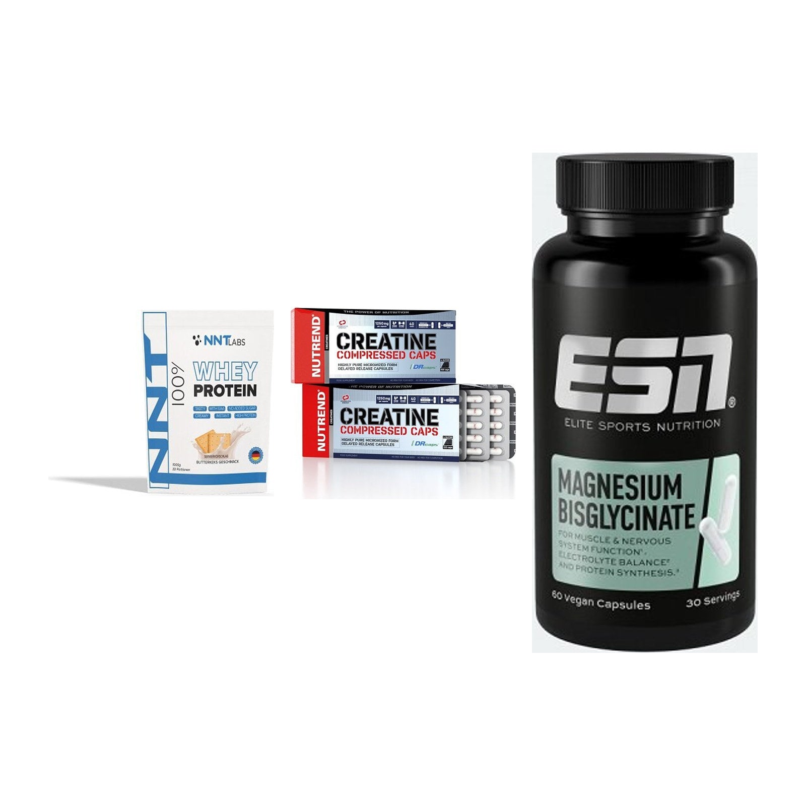 Einsteiger-Set: NNT Whey + Nutrend Creatine + ESN Magnesium – alle enthaltenen Artikel