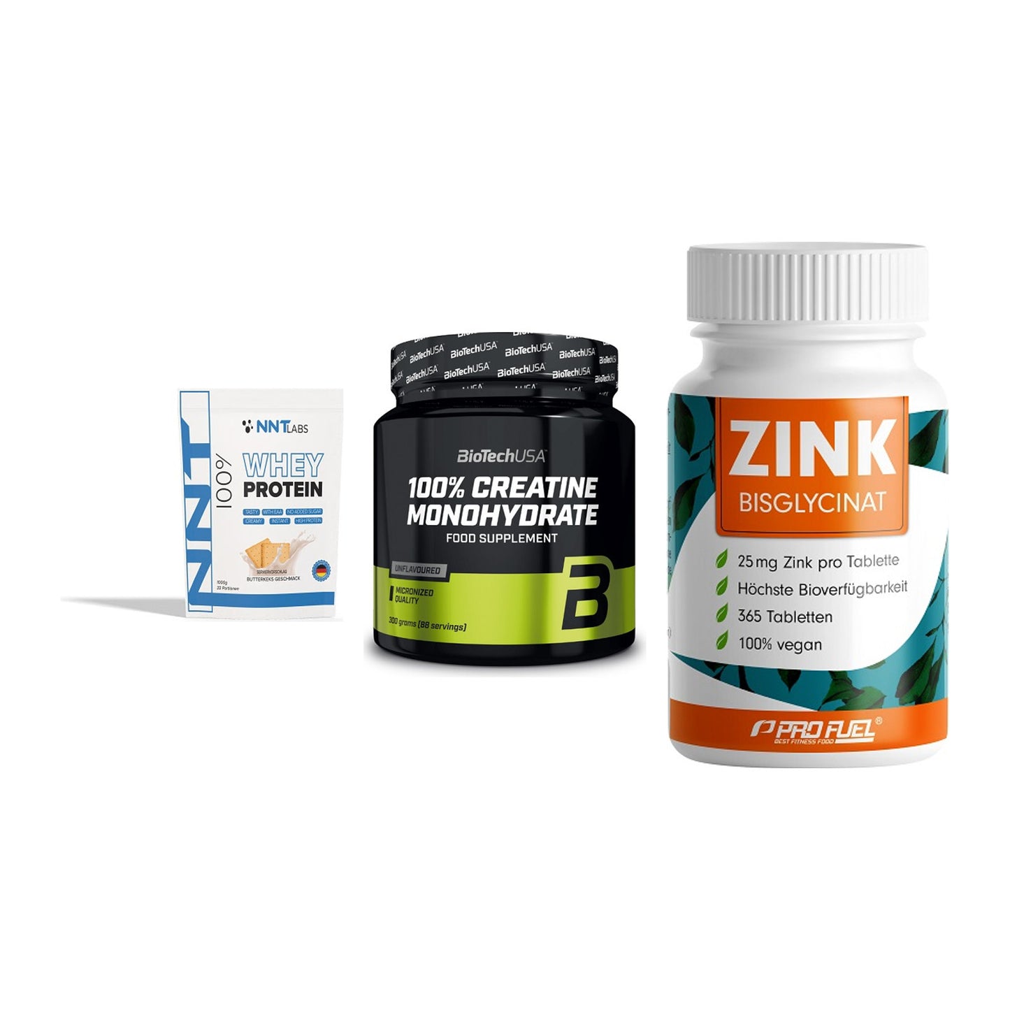 Einsteiger-Set: NNT Whey + BioTech Creatine + ProFuel Zink – alle enthaltenen Artikel