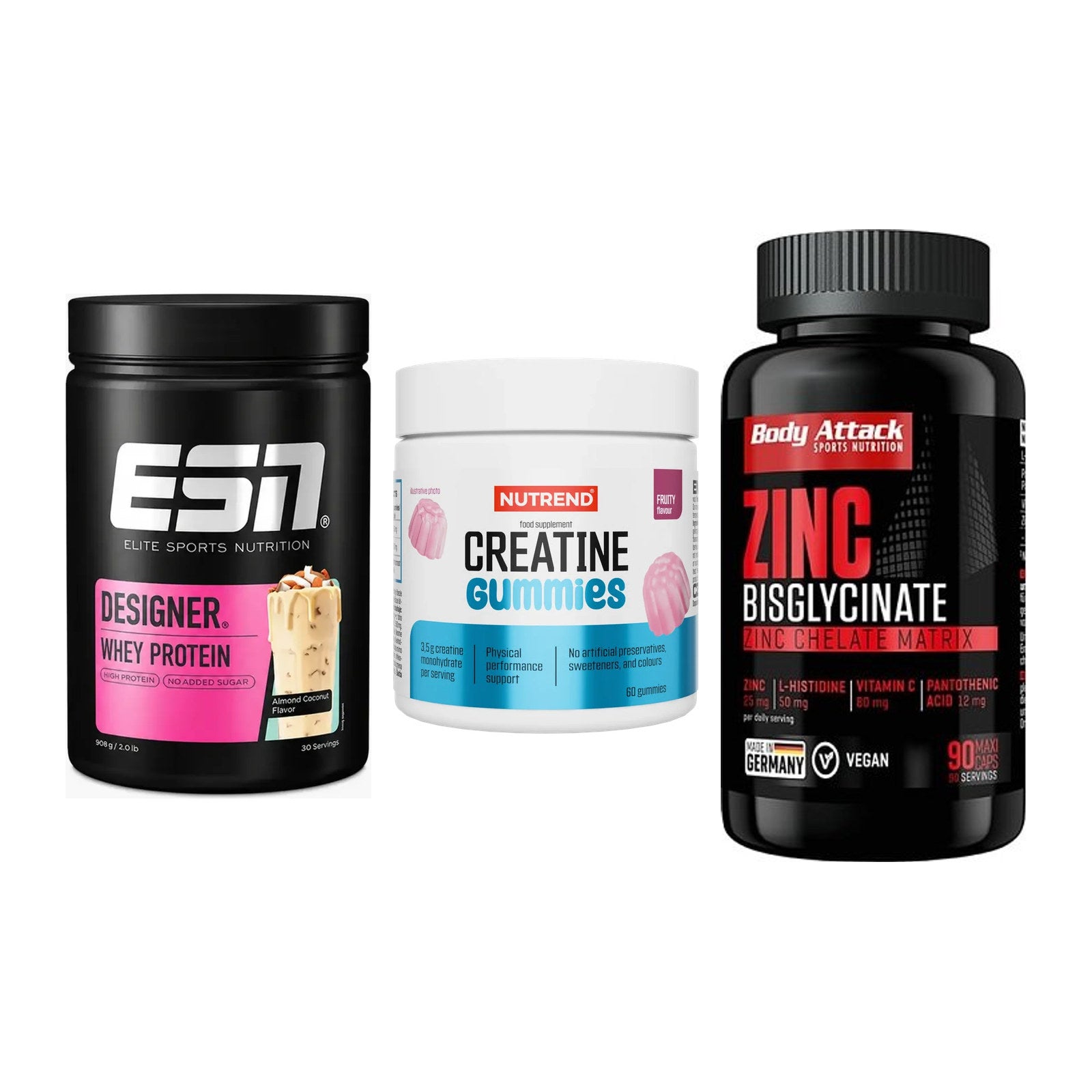 Einsteiger-Set: ESN Designer + Nutrend Creatine + Body Attack Zink – alle enthaltenen Artikel